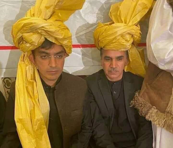 Left to Right: Pashtun Tahafuz Movement (PTM) leader, Mohsin Dawar, and Afghan nationalist leader Ismail Youn on occasion of inauguration ceremony of Afghan President Ashraf Ghani Ahmadzai in Kabul, Afghanistan (2020)